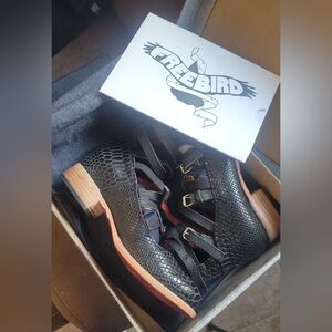 Freebird Black Snake Leather Print Strappy Sandals